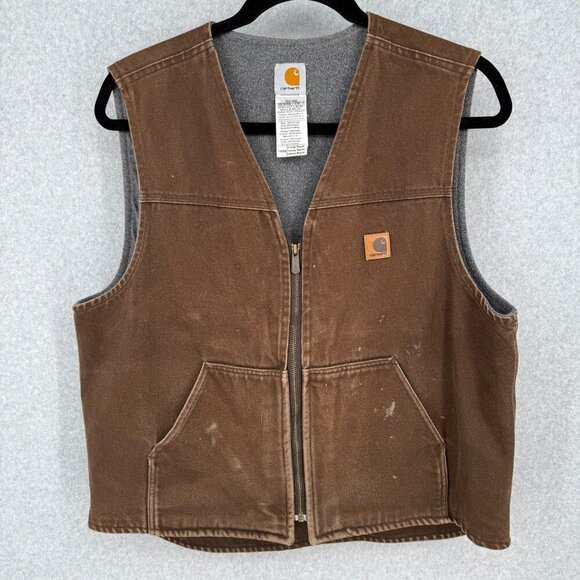 Carhartt Mens VTG Fleece Lined Work Vest Size XL Brown Canvas Thrash Distress V1 - Picture 1 of 13